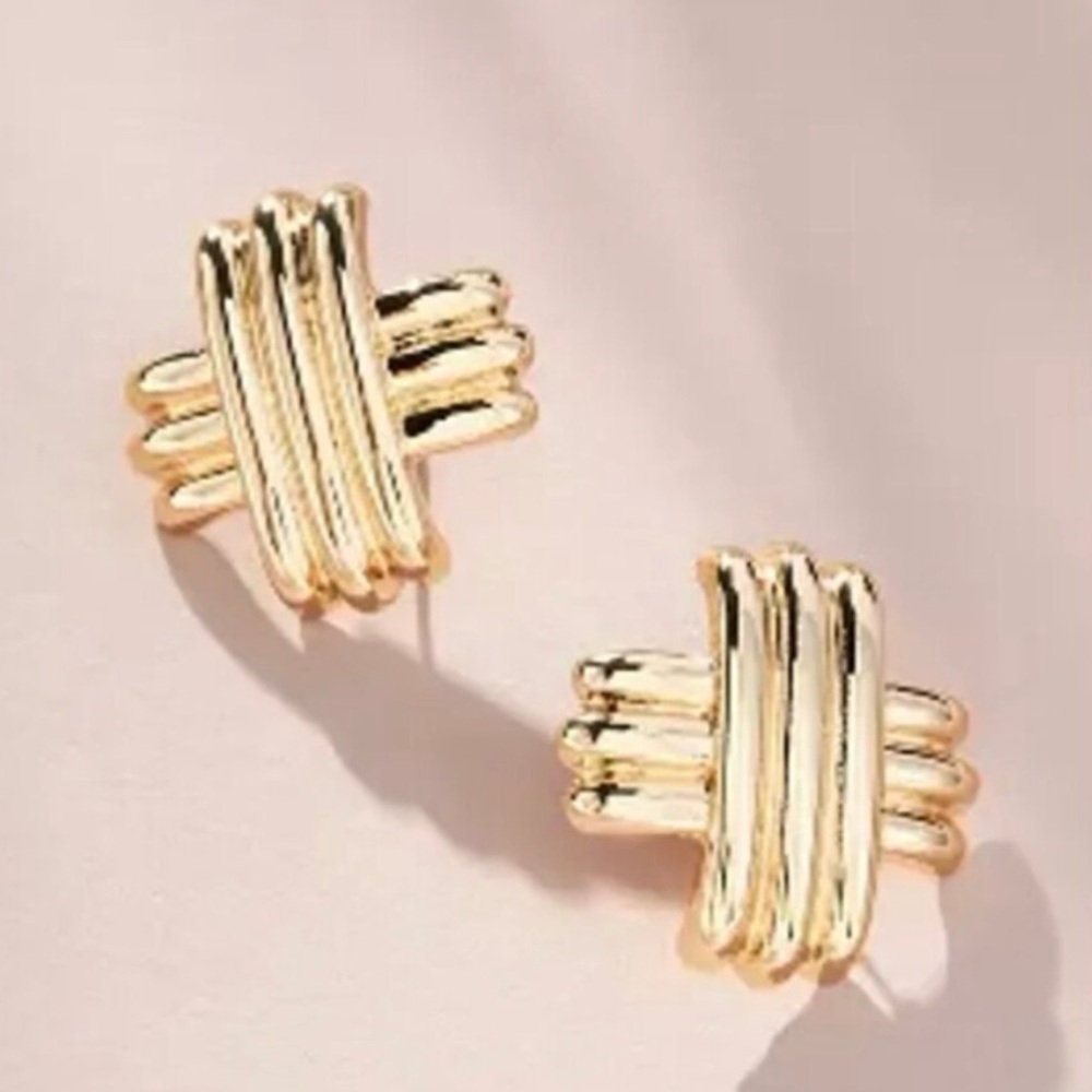 Anthropologie Gold Cross Mark Post Earrings NWT Minimalist Studs